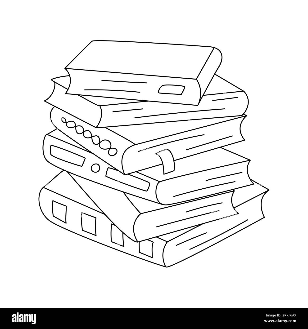 Stapel verschiedener Bücher mit Buchmarken. Hand gezeichneter Doodle-Stapel aus Büchern, Lehrbüchern. Ein Symbol für Lesen, Lernen, Bildung und Wissenschaft. Schwarz und weiß Stock Vektor