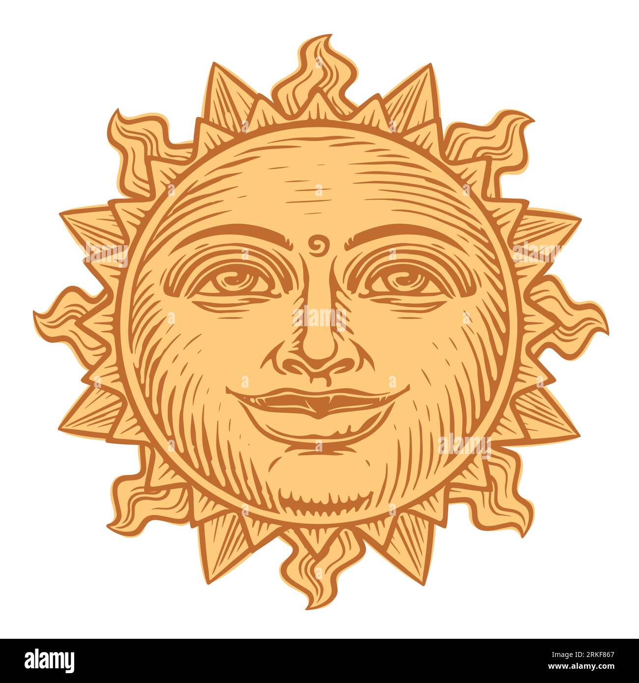 Gelbe Sonne mit lächelndem Gesicht und Strahlen. Sonniger Tag, Sonnenaufgang, Morgensymbol. Vektorillustration Stock Vektor