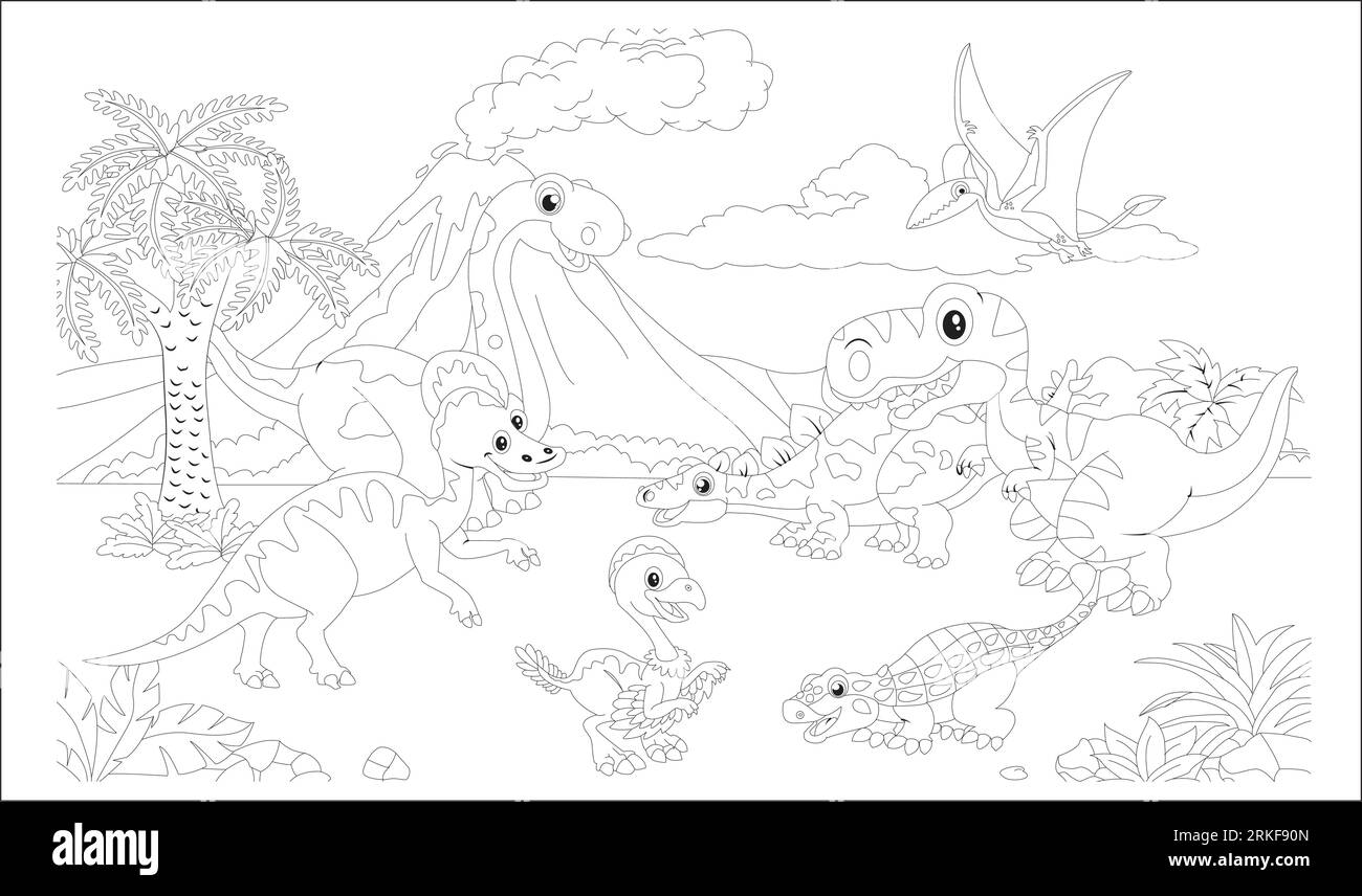 Lass dich von deiner Kreativität inspirieren: Entdecke unsere Dinosaurier-Malseite. Aufwändige Strichgrafik für fesselnden Malspaß, perfekt für alle Altersgruppen Stock Vektor