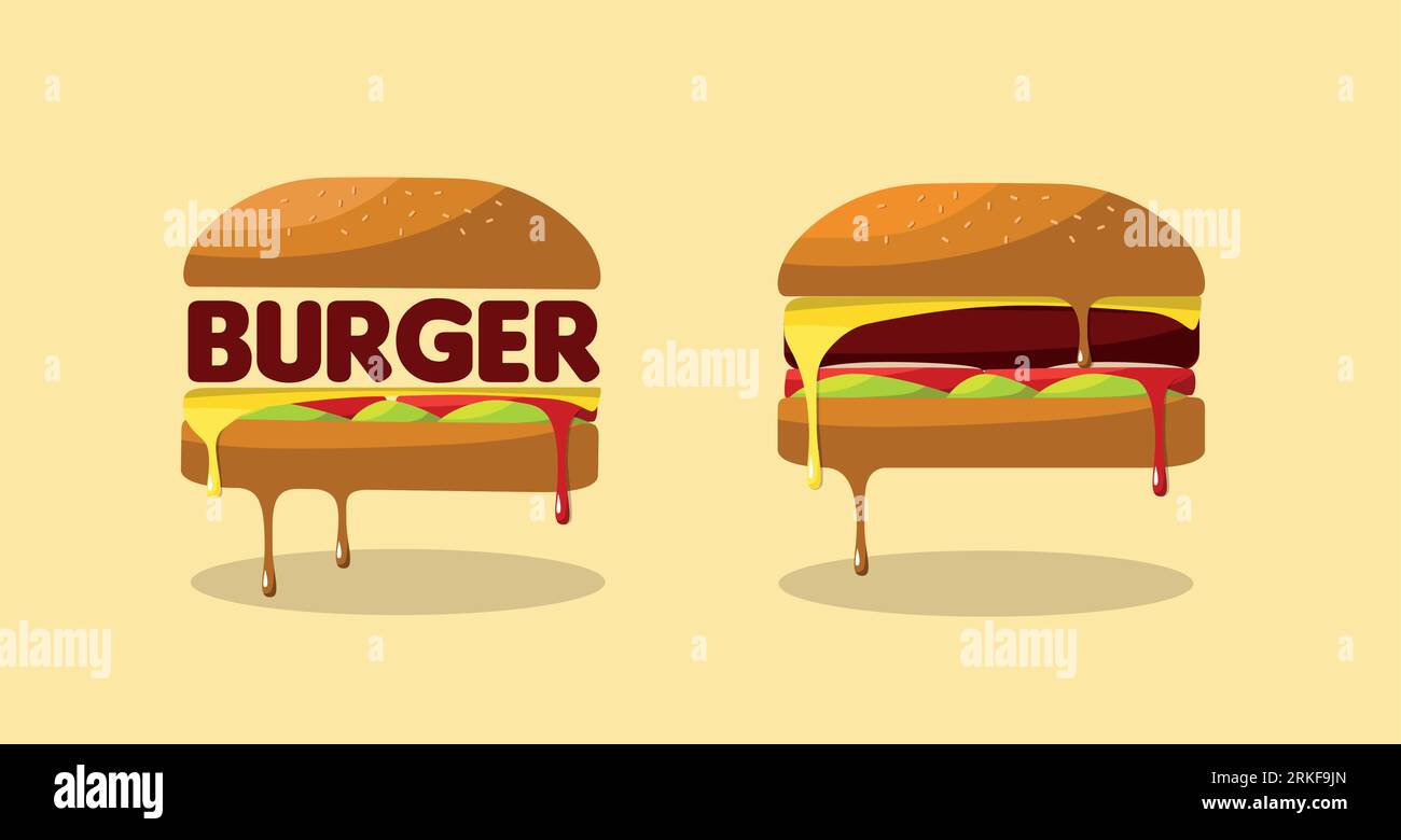 Köstlicher Single Burger mit Käse und Tomaten. Doppel- und Dreifach-Cheesburger. Stock Vektor