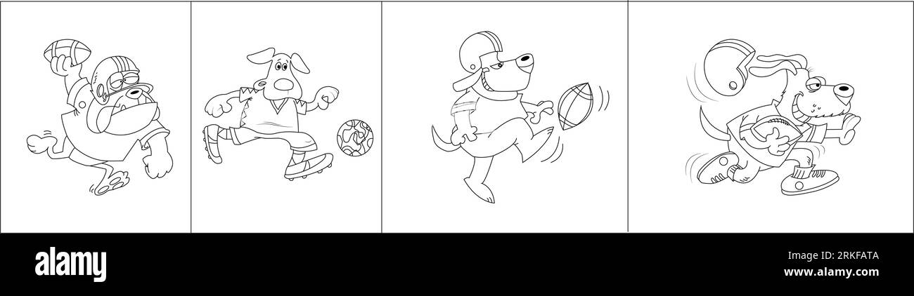 Ausmalseite Umriss eines Zeichentrickjungen mit einem Fußballball mit Hund. Fußball. Malbuch für Kinder. Karikaturillustration eines Fußballhundes Stock Vektor