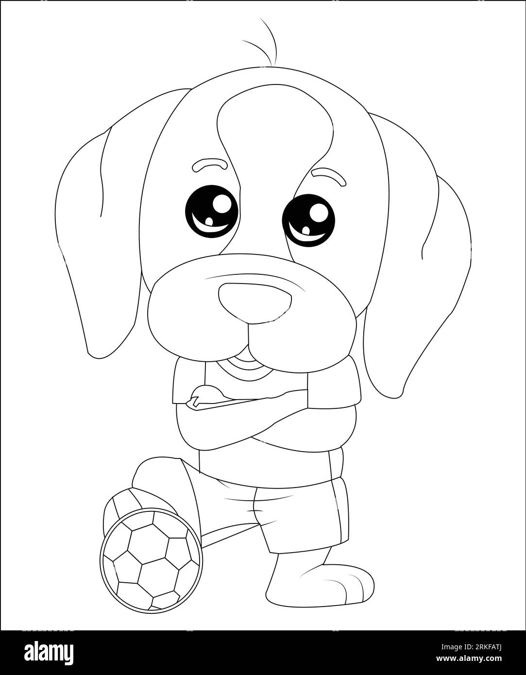 Ausmalseite Umriss eines Zeichentrickjungen mit einem Fußballball mit Hund. Fußball. Malbuch für Kinder. Karikaturillustration eines Fußballhundes Stock Vektor