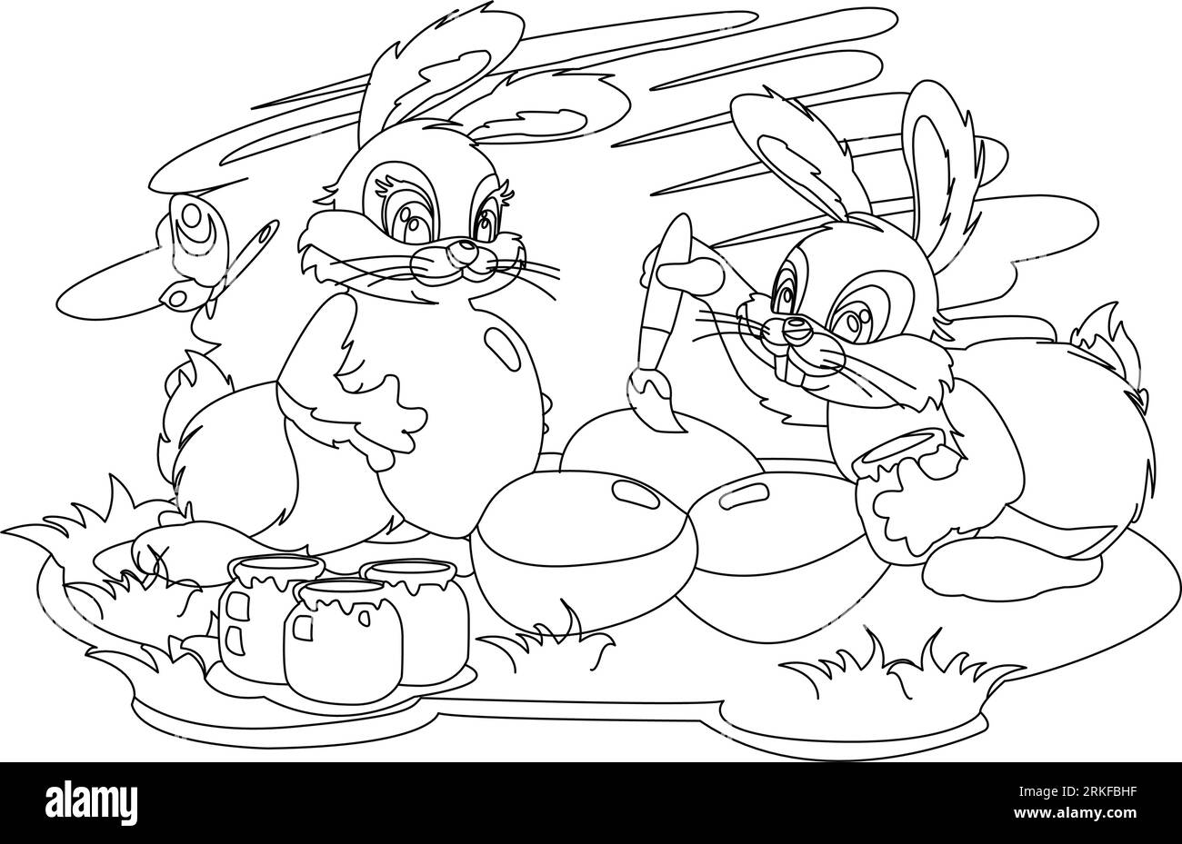 Osterhase mit Osterei. Schwarz-weiße Vektorillustration für Malbuch. Perfekt für ein Kinderbuch. Stock Vektor