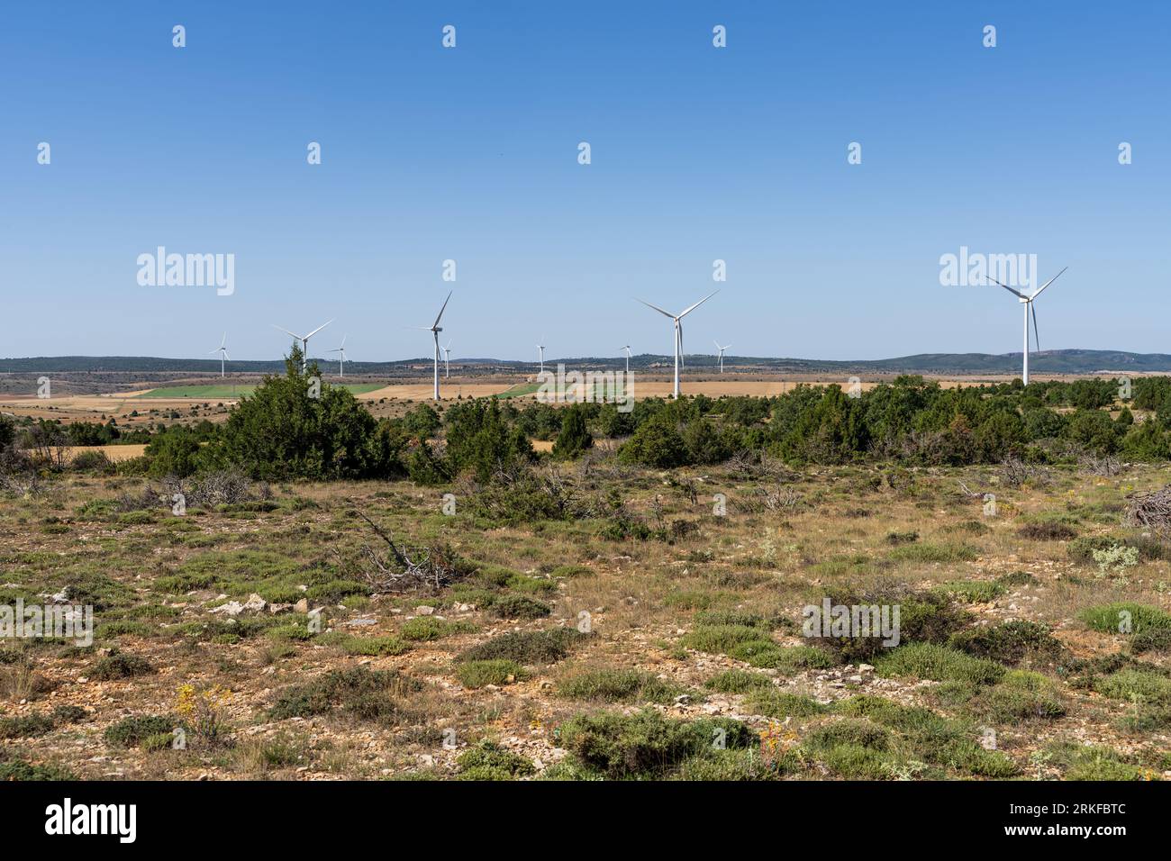 Windenergieanlagen aus erneuerbaren Energien Stromerzeugung in Maranchon, Guadalajara Stockfoto