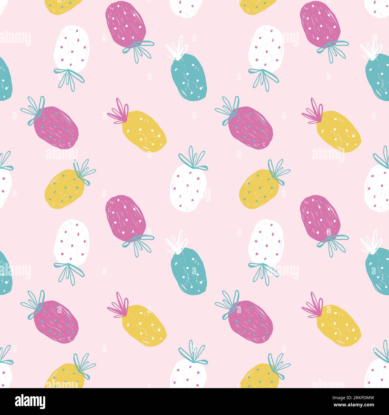 Fresh Purple Violet Yellow Pineapples Vector Repeat Seamless Pattrern in Grün und Gelb. Ideal für Stoffe, Verpackungen, Tapeten und Einladungen. Stock Vektor