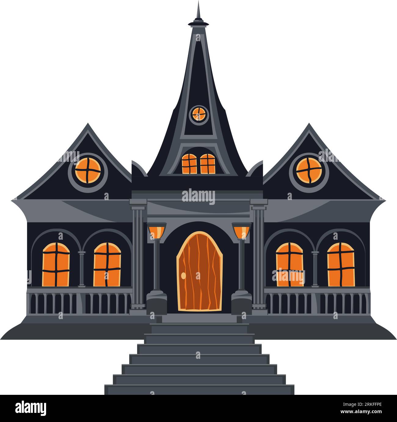 Halloween-Haus in grauer Farbe mit Treppen, Fenstern und Eingangstür. Abgeschiedenes altes Spukhaus in flachem Stil. Gotische Cartoon-Architektur. Vektor Stock Vektor