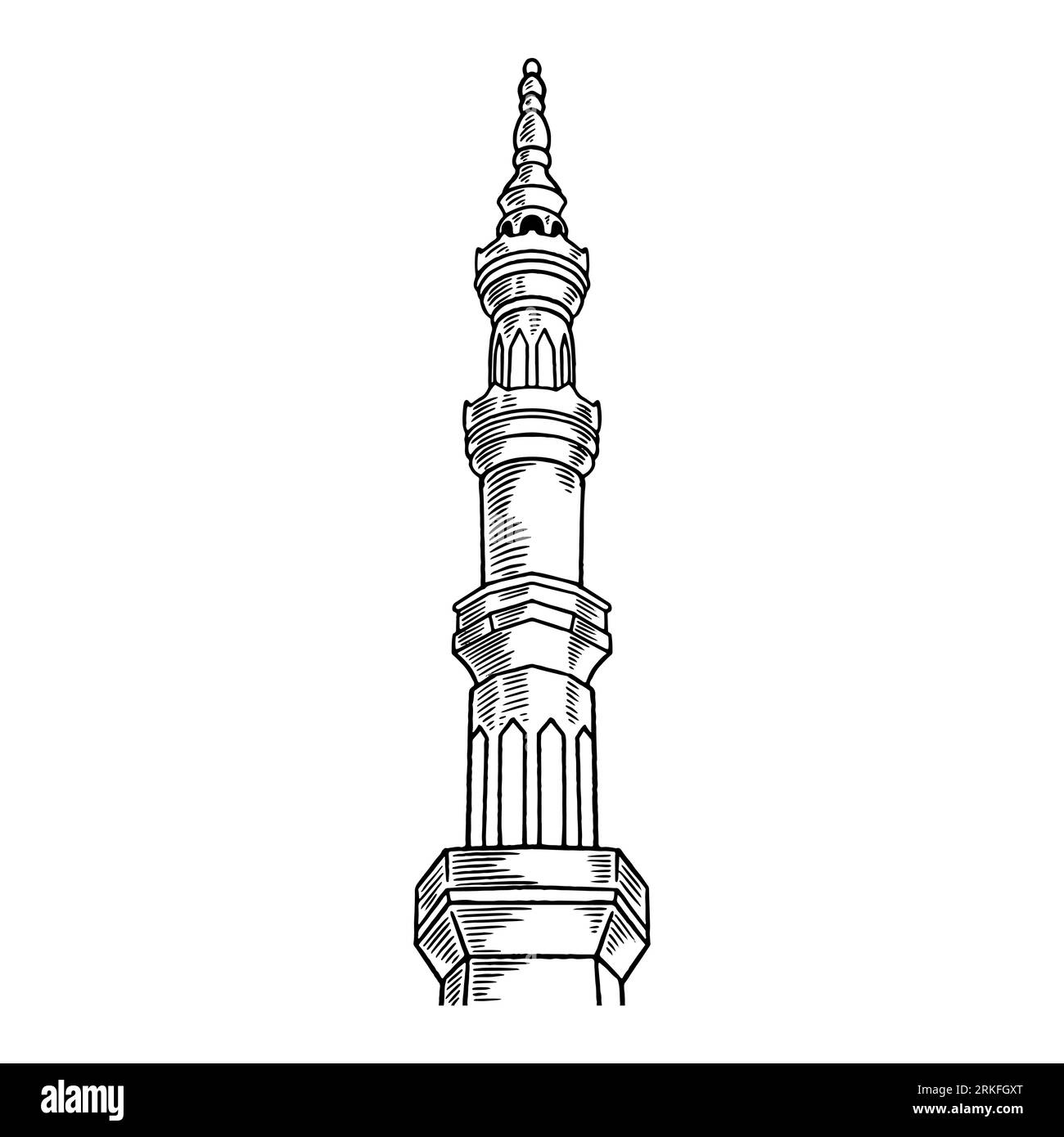 Detaillierte Skizze des Moscheeturms für Ramadan Kareem isoliert auf weißem Hintergrund. Viel Spaß mit Ramadan Mubarak. Vektorillustration für rama Stock Vektor