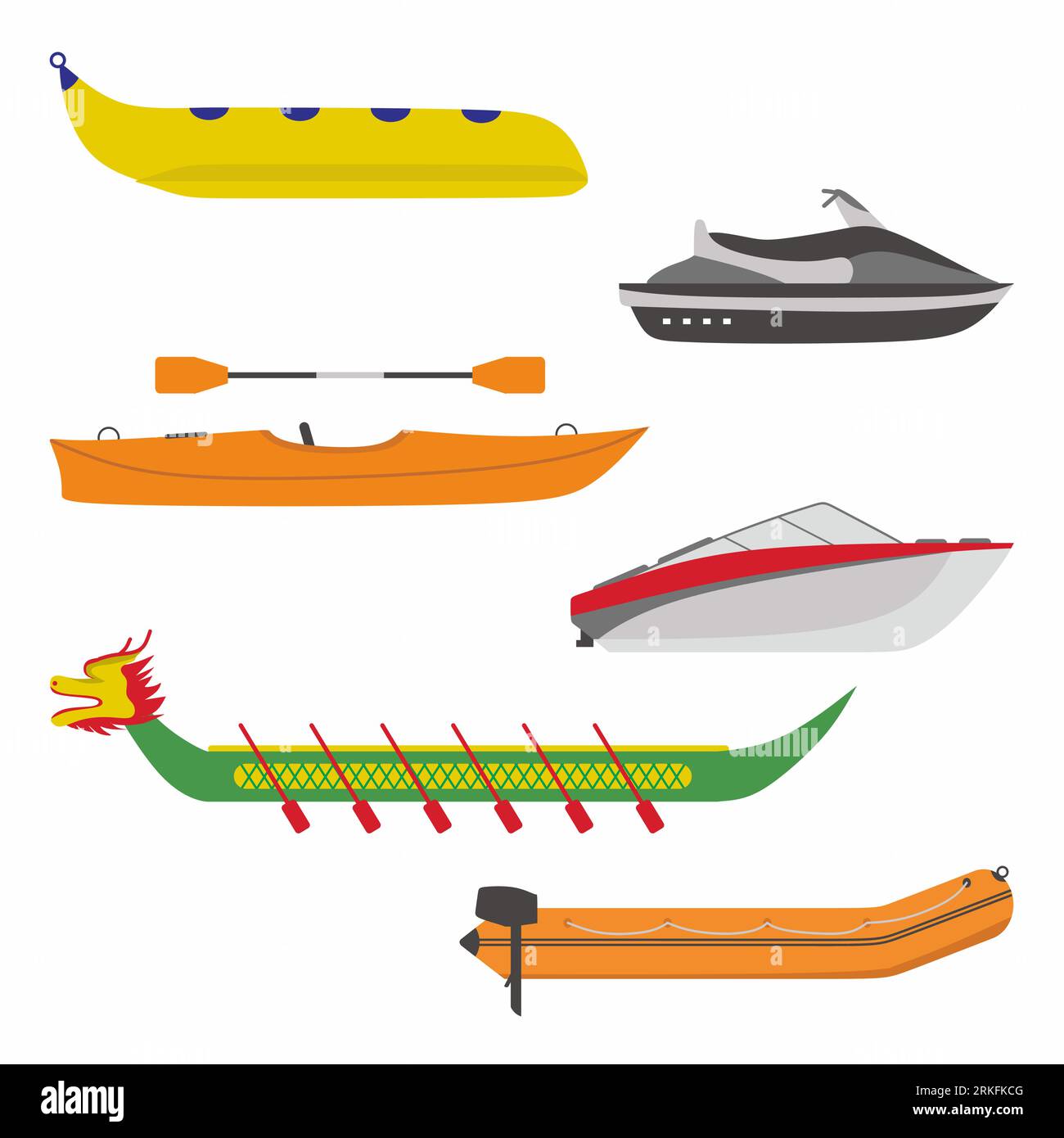 Bootssymbole festgelegt. Flache Illustration der verschiedenen Arten von Flussschiffstransporten. Dazu gehören Bananenboot, Schnellboot, Drachenschiff, Schlauchboot und je Stock Vektor