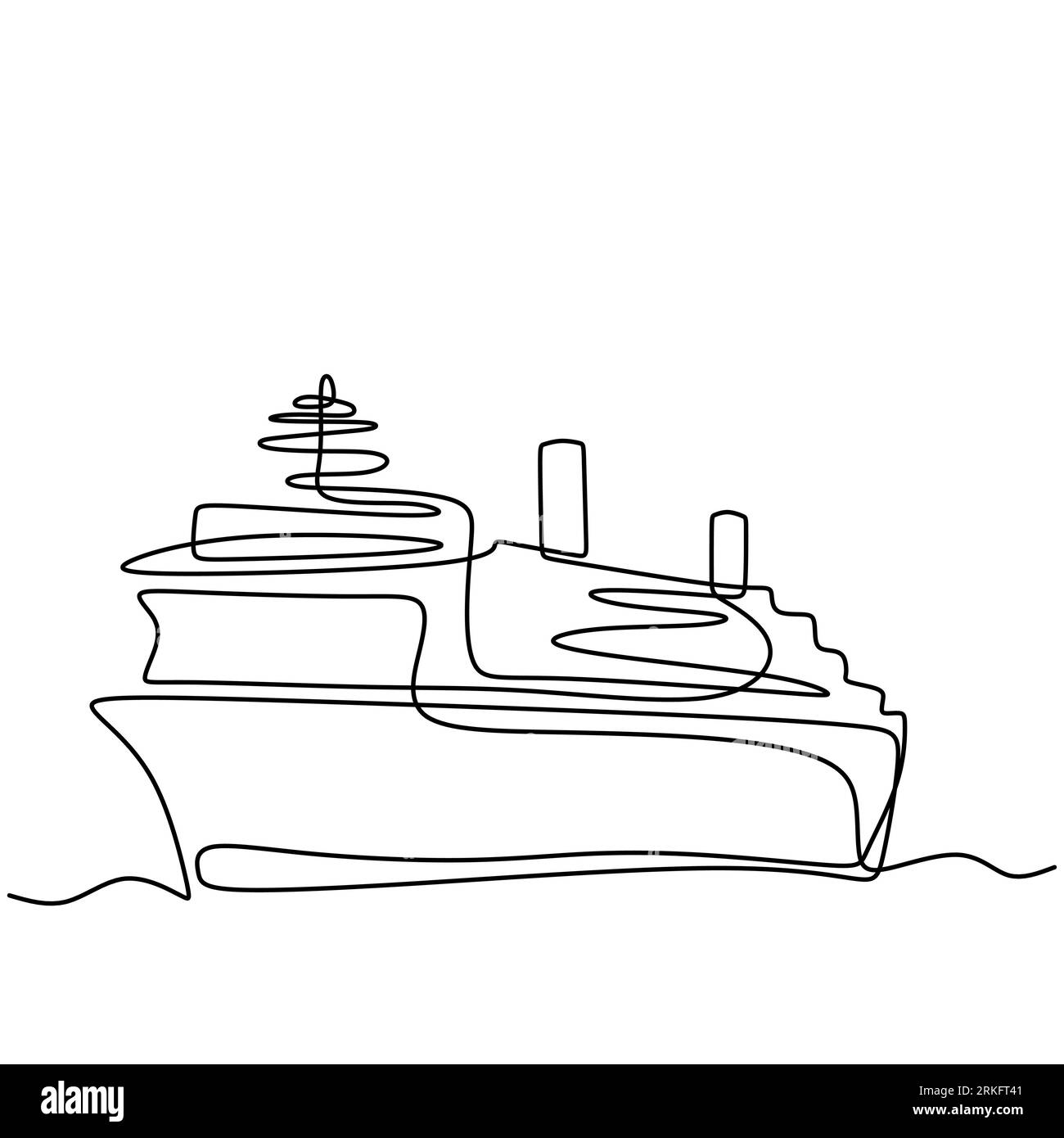 Continuous one line hand drawn of large cruise ship at sea. Royal passenger cruise ship over the marine. Ocean travel vacation concept design sketch o Stock Vektor