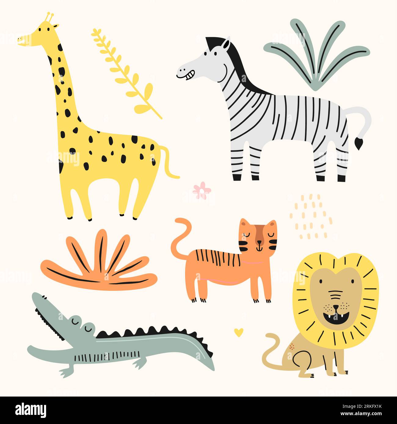 Vector collection of cute animals for kids. Jungle animals with lion, crocodile, cat, zebra. Hand drawn graphic zoo. Perfect for baby shower, postcard Stock Vektor