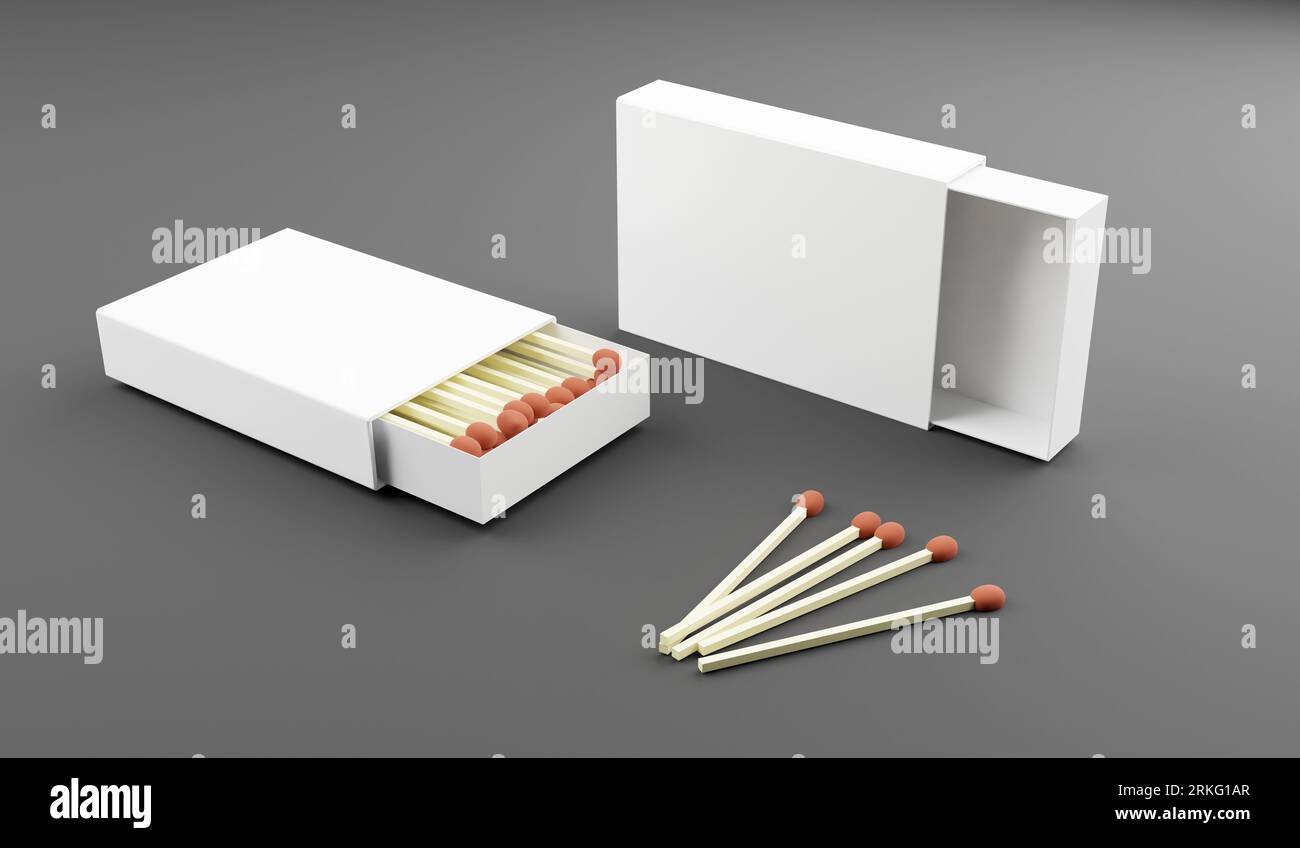 3D-Illustration der Streichholzschachtel mit Streichhölzern auf grauem Hintergrund Stockfoto