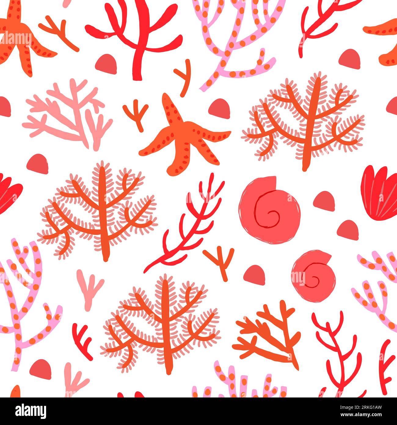 Cute vector seamless pattern with red corals on white background. Coral reef, shells, star fish. Vector illustration Stock Vektor