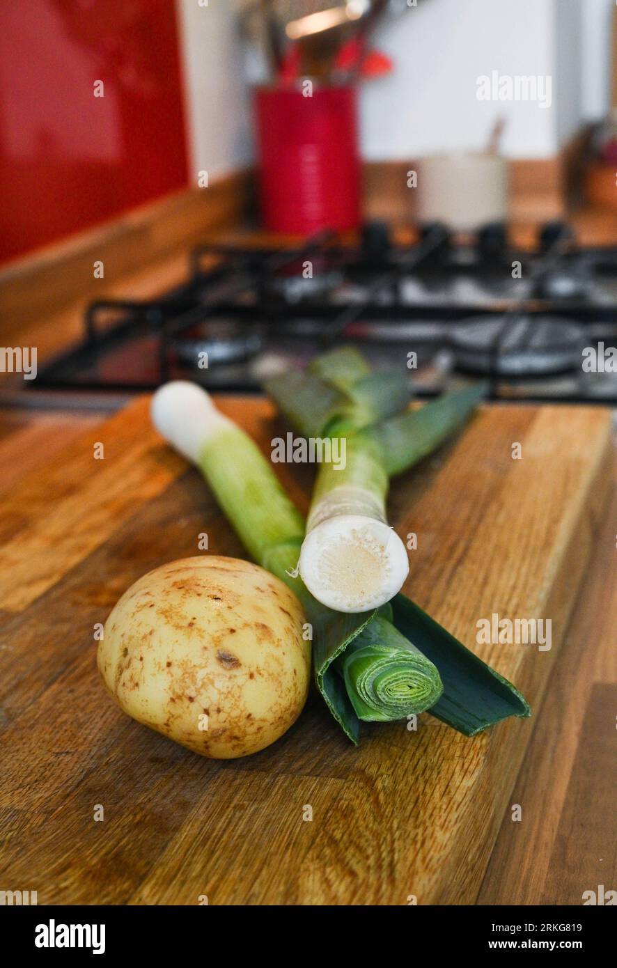 Eine große Kartoffel und zwei Porree für die Zubereitung von Porree und Kartoffelsuppe Stockfoto