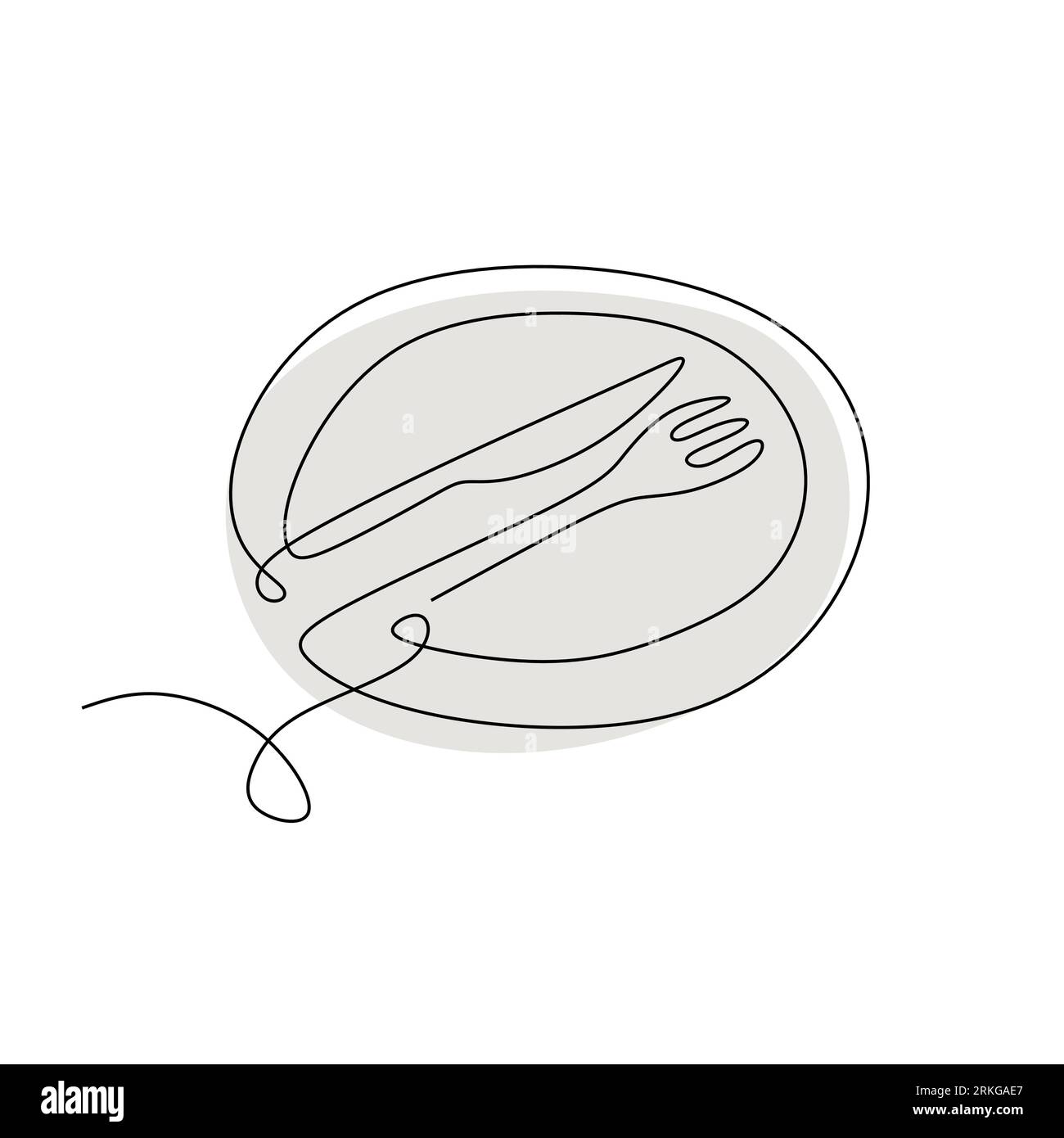 Eine durchgehende Leitungsplatte, Messer und Gabel. Lebensmittelsymbol. Zeichen von Platte, Messer und Gabel. Minimalismus Hand gezeichnet One Line Art minimalistischer Vektor illustrat Stock Vektor