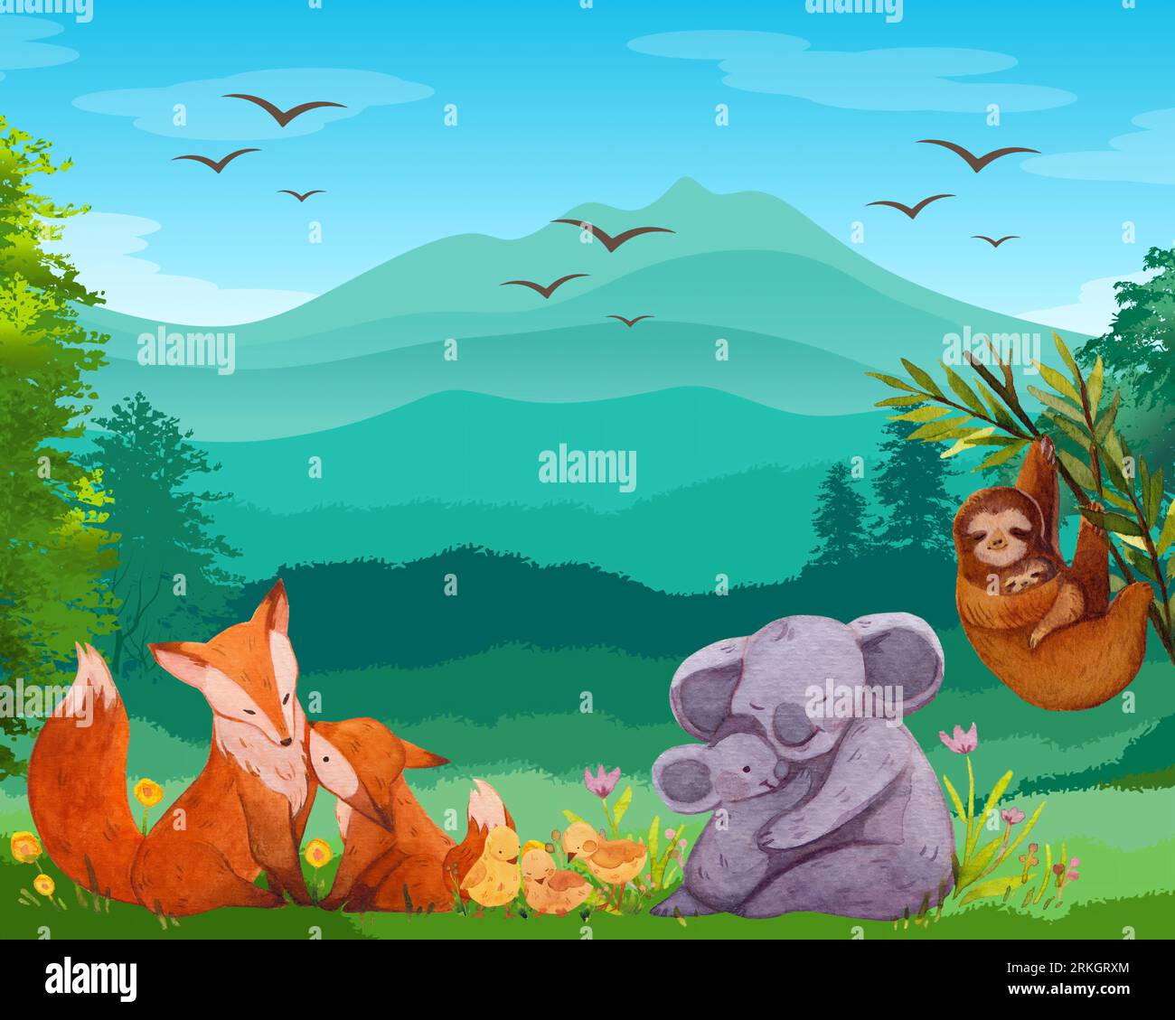 Eine Illustration von Koala, Faultier und Fuchs mit ihren Babys in einer grünen Umgebung Stockfoto