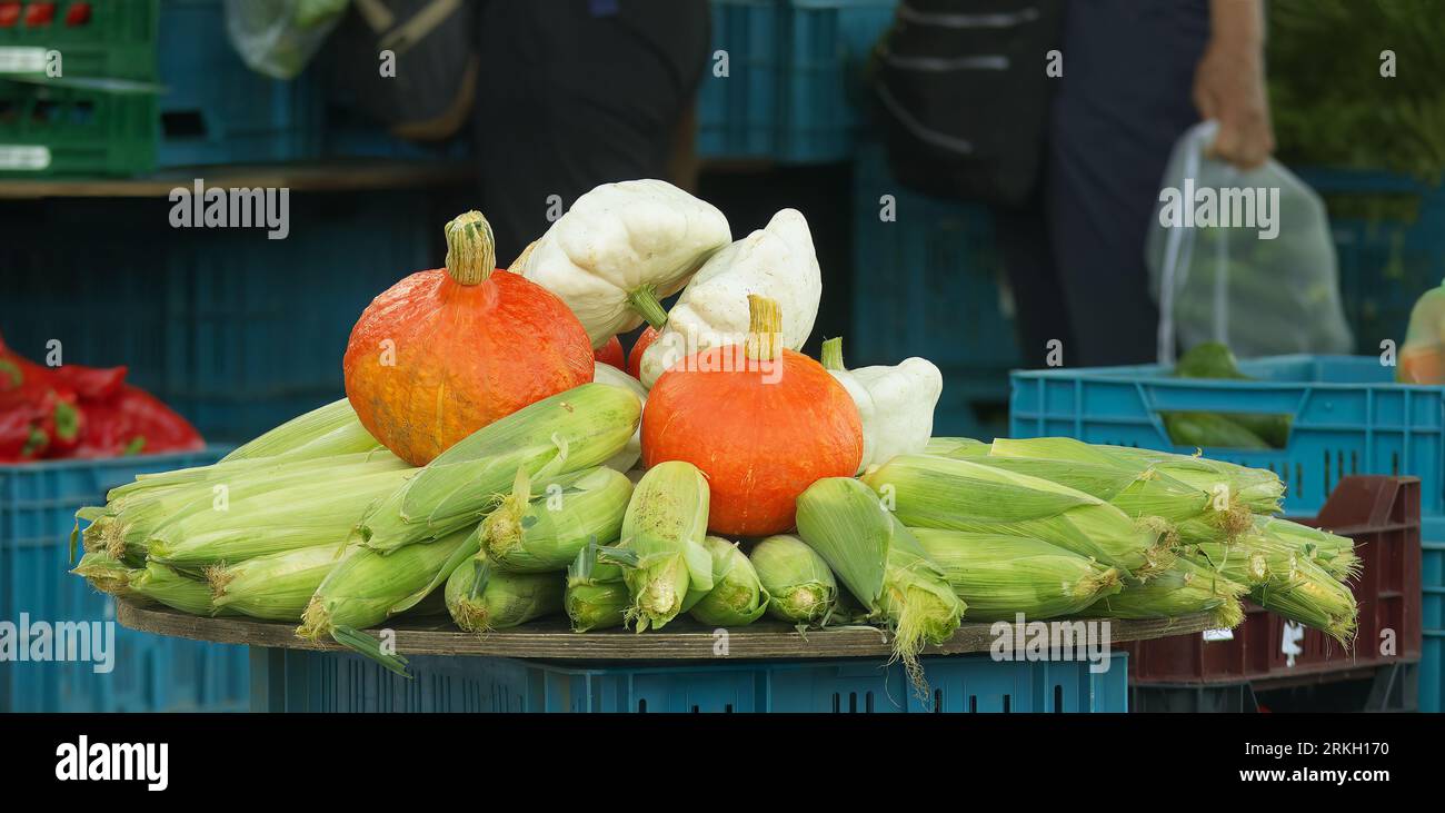 Inmitten des pulsierenden Bauernmarkts präsentiert die verführerische Ausstellung eine vielfältige Auswahl an frischen Produkten wie Mais, Hokkaido Kürbisse und paty Stockfoto