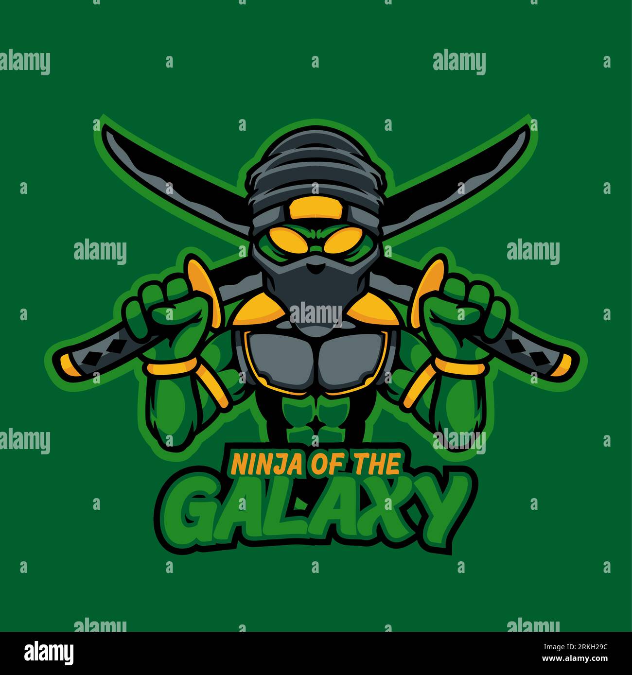 Ninja alien samurai head mascot logo for e-sport gaming and e-sport team. Cool ninja with two swords template logo design element. Green ninja alien p Stock Vektor