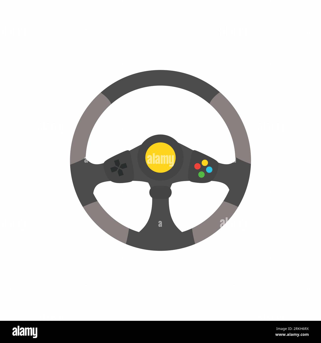 Steering wheel from sport car. Modern F1 wheel with black and grey color, auto part. Flat element icon. Extreme racing, driving logo concept. Vector d Stock Vektor