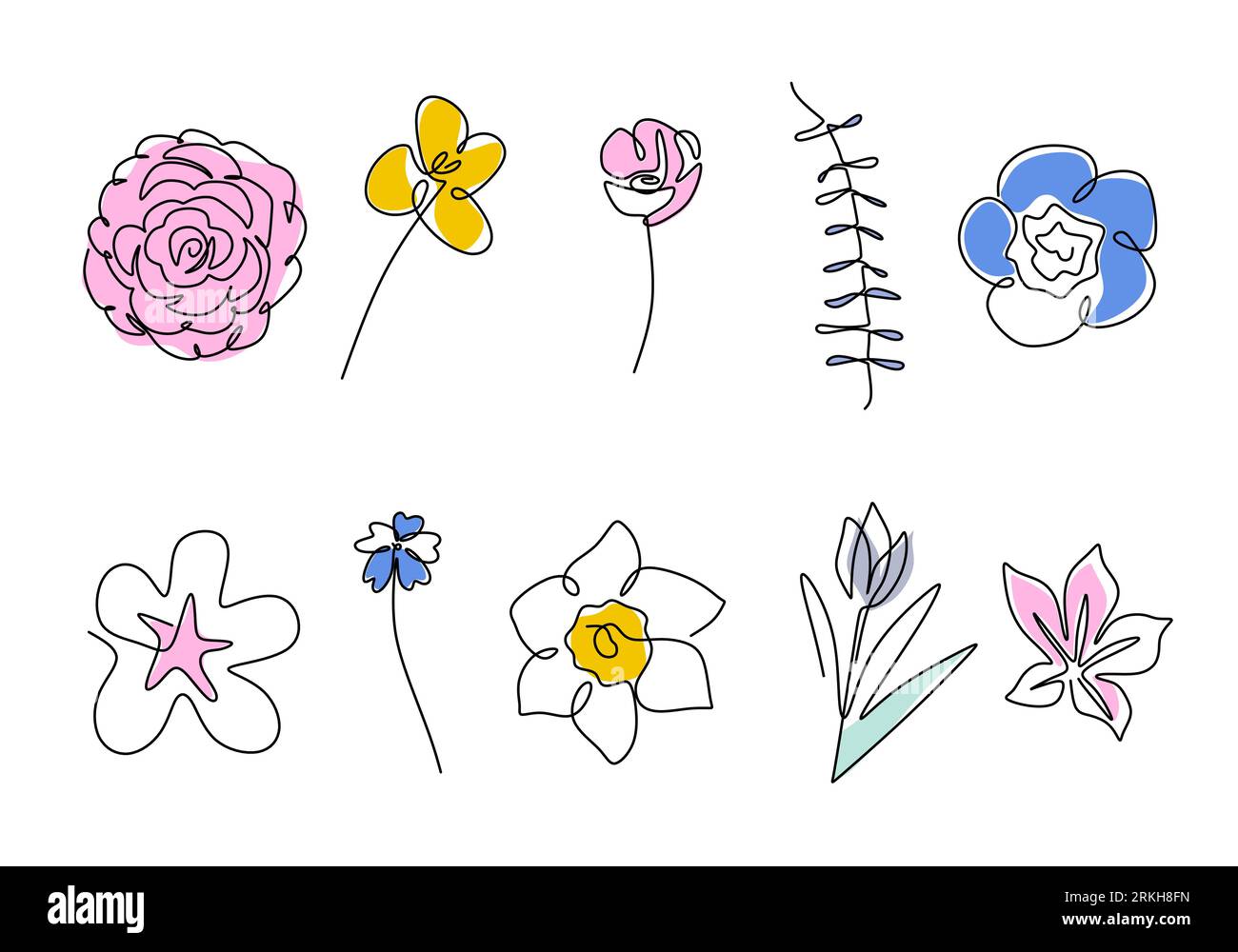 Satz von durchgehender einzeiliger Zeichnung einer schönen Blumen in verschiedenen Arten wie Kamelien, Tulpen, Mohn, Sakura, Azaleen, nahonana, Nemophilie, shi Stock Vektor