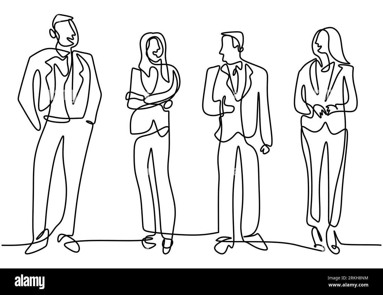 Kontinuierliche Linienzeichnung von Geschäftsleuten, die mit sanfter und selbstbewusster Haltung stehen. Das professionelle Büroarbeiterteam von Character. Vektorillustration si Stock Vektor