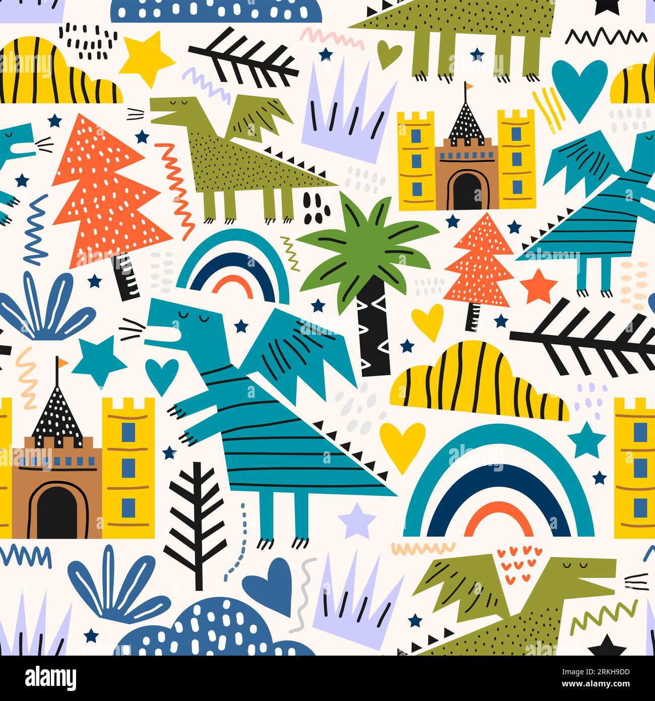 Cute dragonfly dinosaur monster seamless pattern. Funny colorful dinosaurs vector illustration on white background. A fairy tale animals concept. Back Stock Vektor