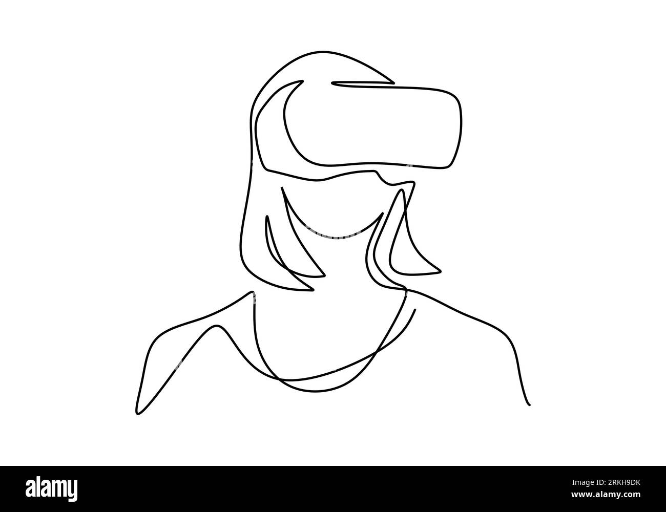 Mädchen, das VR mit einer einzigen durchgehenden einzeiligen Kunstzeichnung verwendet. Intelligente Technologie futuristisches Spielekonzept. Die Charakterfrau spielt Simulationsspiel Stock Vektor