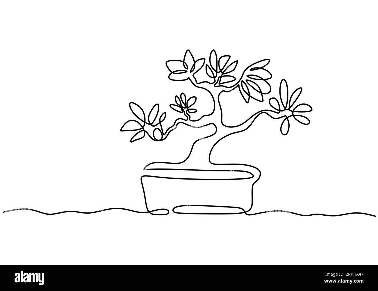 Ein Bonsai-Baum im Topf, ein Vektor mit durchgehender Linienzeichnung, isoliert auf weißem Hintergrund mit minimalem Design. Dekorative alte Miniaturpflanzen für Zuhause int Stock Vektor