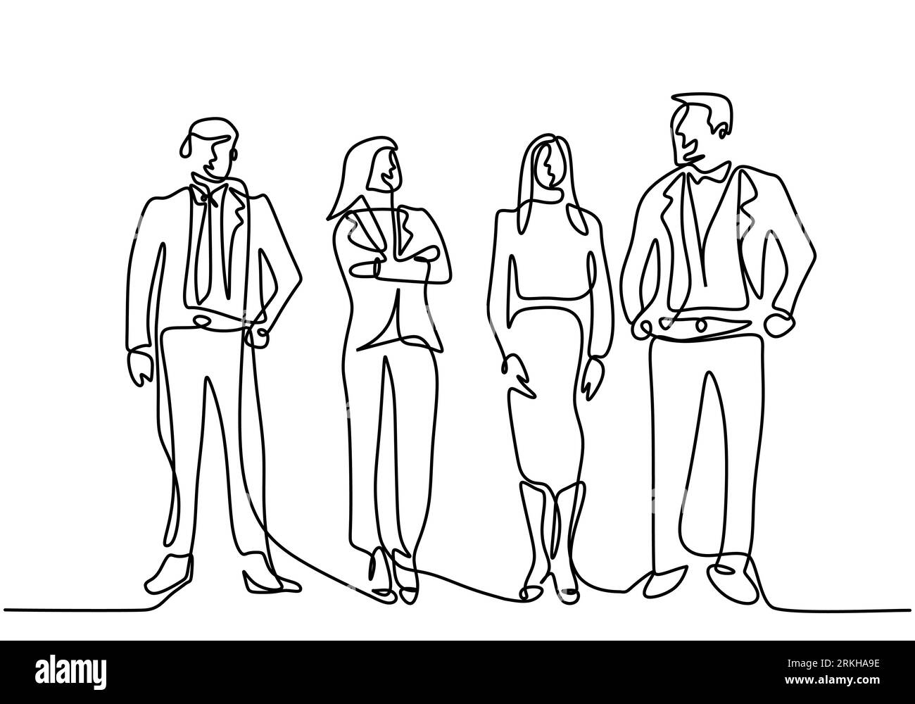 Kontinuierliche Linienzeichnung von Geschäftsleuten, die mit sanfter und selbstbewusster Haltung stehen. Das professionelle Büroarbeiterteam von Character. Vektorillustration si Stock Vektor