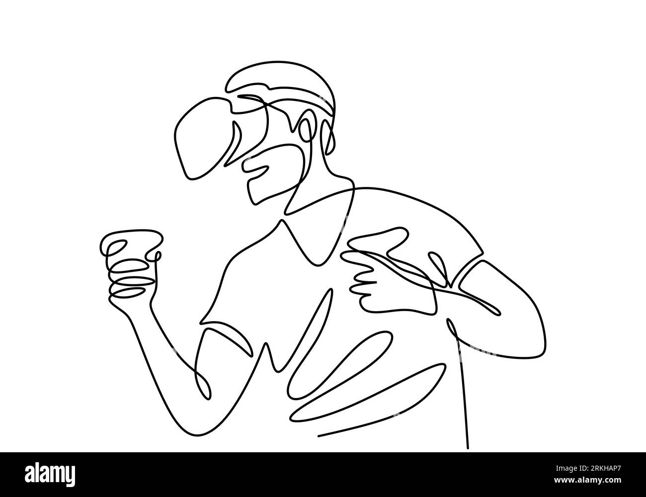 Kontinuierliche Linienzeichnung des Menschen in VR-Brille mit Motion Controller. Ein männlicher Spieler, der virtuelle Spiele spielt, handgezeichnete Kunst, die minimalistisches Design kritzelt. Te Stock Vektor