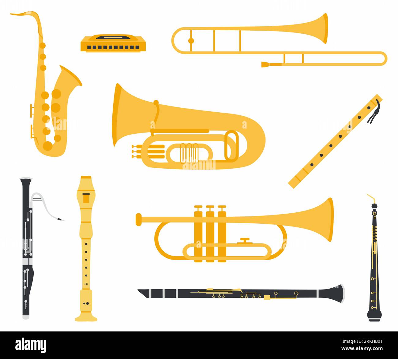 Set collection of musical instruments with different types, include: clarinet, oboe, saxophone, flute, trumpet, trombone, harmonica, tuba, bassoon and Stock Vektor