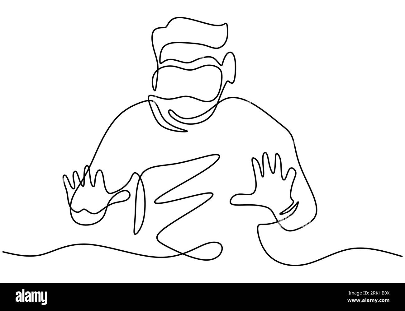 Mann in Brille Gerät virtuelle Realität durchgehende Einzeilenzeichnung. Ein Mann, der vorgibt, die Taste zu berühren, während er den Virtual-Reality-Helm isoliert auf W trägt Stock Vektor