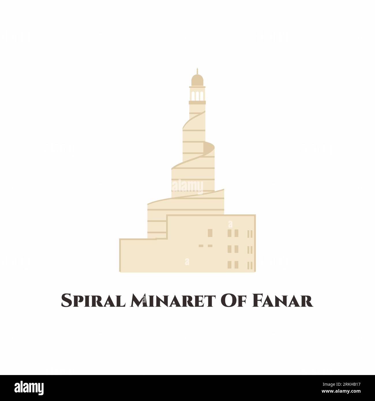 Das Spiral-Minarett von Fanar. Es liegt in der Nähe von Doha Corniche. Dieses Hotel hat ein einzigartiges Minarett-Design. Besuchen Sie unbedingt die große Moschee des Staates. F Stock Vektor