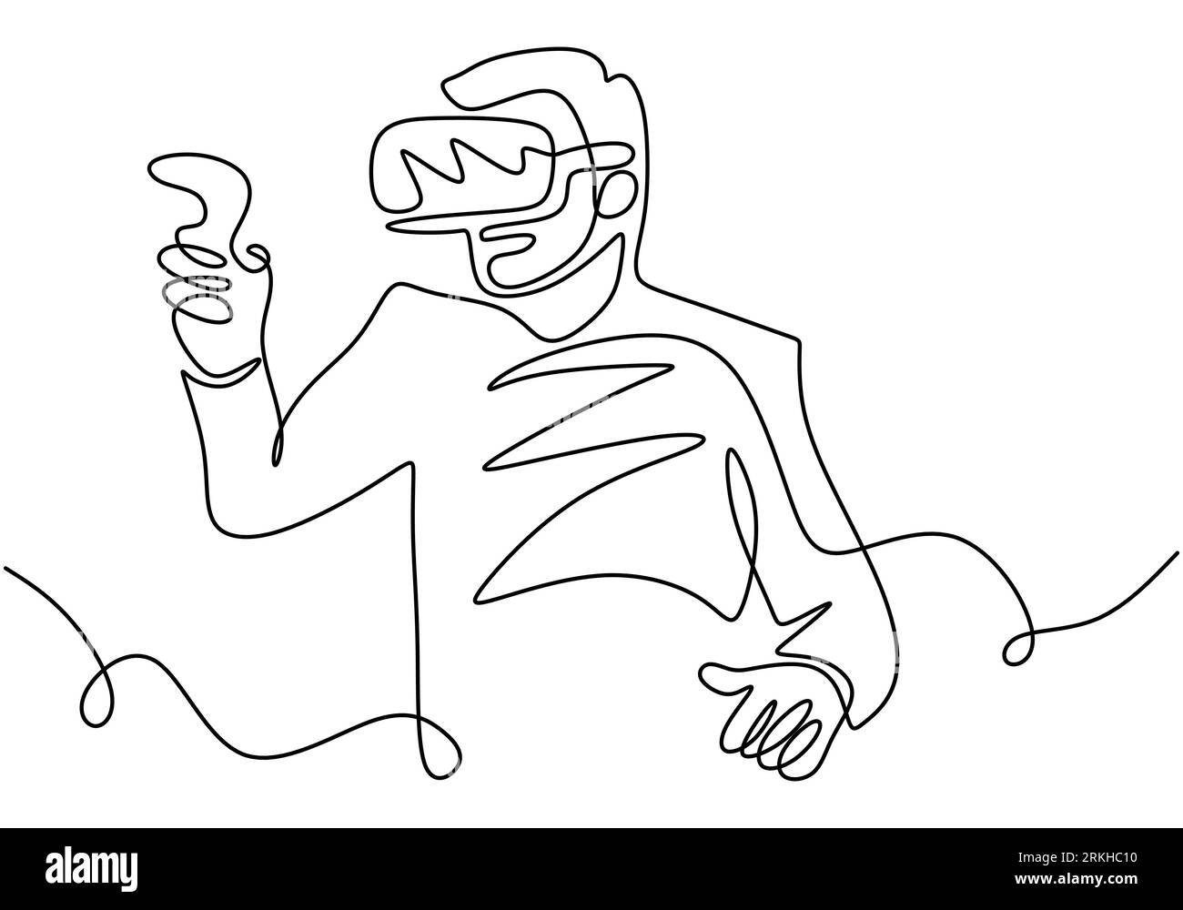 Kontinuierliche Linienzeichnung des Menschen in VR-Brille mit Motion Controller. Ein männlicher Spieler, der virtuelle Spiele spielt, handgezeichnete Kunst, die minimalistisches Design kritzelt. Te Stock Vektor