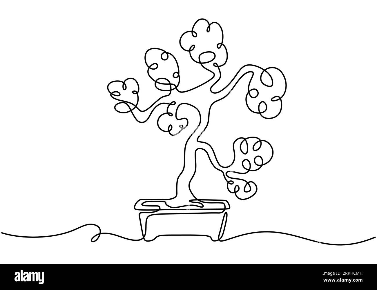Ein Bonsai-Baum im Topf, ein Vektor mit durchgehender Linienzeichnung, isoliert auf weißem Hintergrund mit minimalem Design. Dekorative alte Miniaturpflanzen für Zuhause int Stock Vektor