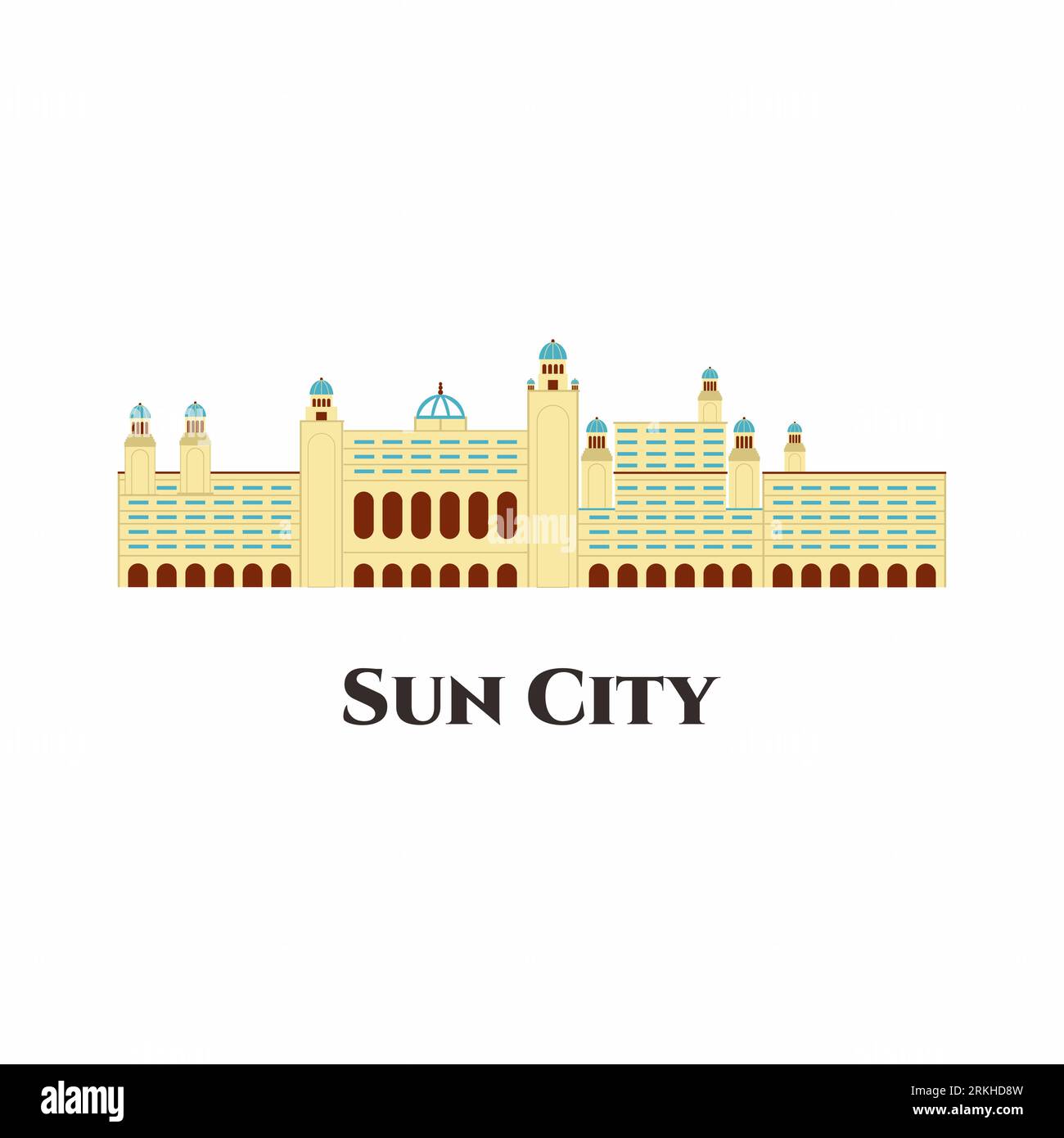 Sun City Resort in Südafrika Vektorsymbol flach Cartoon. Es ist ein erstklassiges Reiseziel mit einer Vielzahl von Hotels, Attraktionen und Aktivitäten für Kinder. Tolles Hotel Stock Vektor