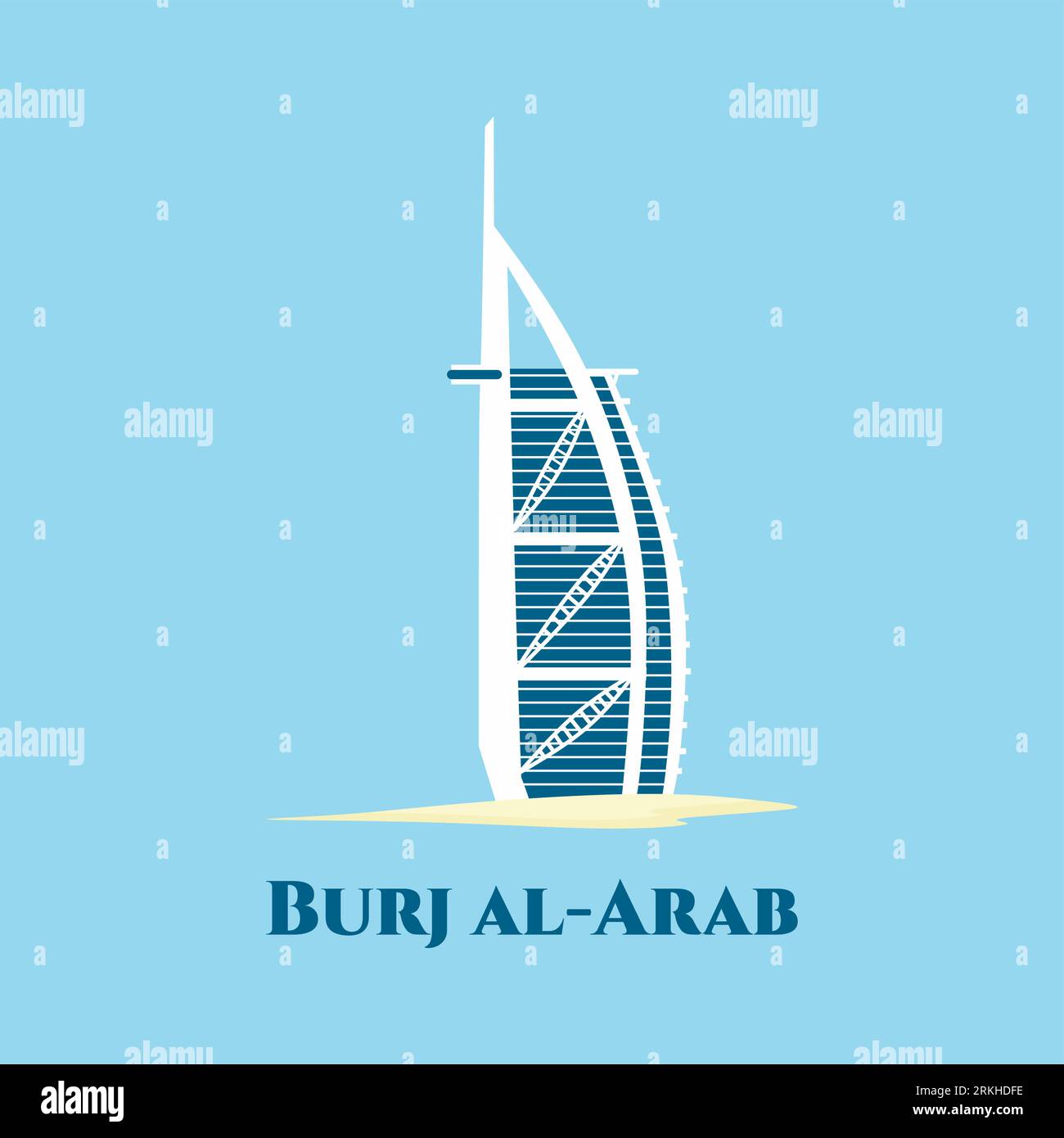 Dubai Burj Al Arab in der Stadt Dubai, Vereinigte Arabische Emirate. Touristenattraktionen, historische Gebäude, moderne Architektur. Flaches Design vecto Stock Vektor