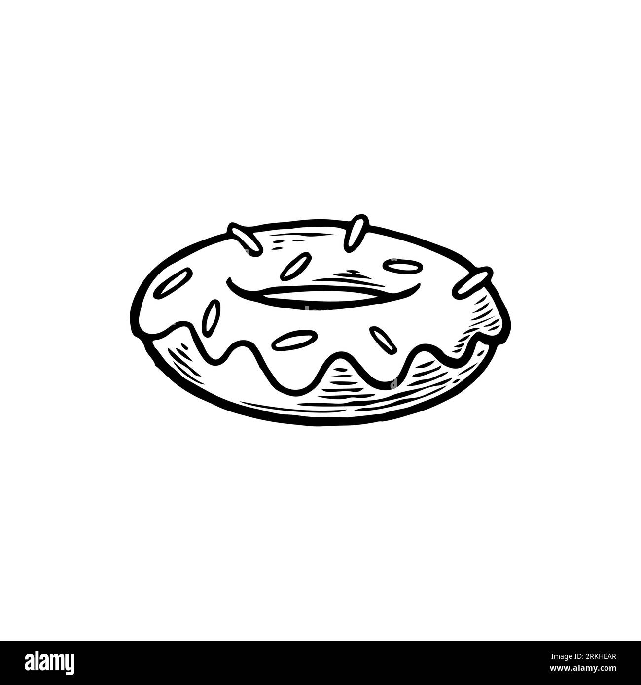 Donuts mit Glasur von Hand im Vintage-Stil gezeichnet. Eine leckere Donuts-Skizze auf weißem Hintergrund. Süßes Dessertkonzept. Malbuch für Kinder und Erwachsene Stock Vektor