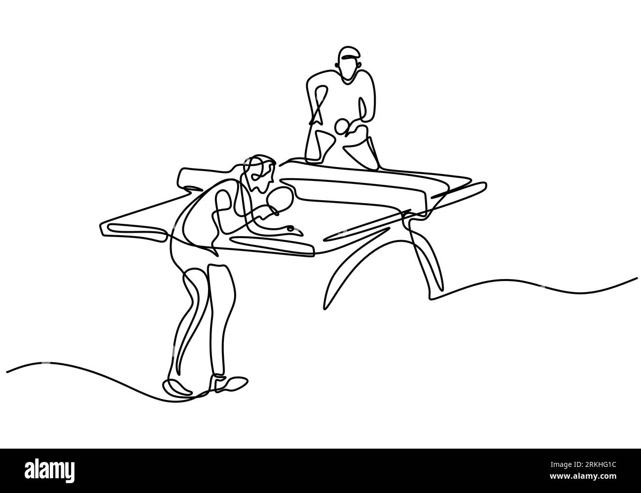 Durchgehende Linienzeichnung des jungen Happy-man-Tischtennisspielers traf den Ball. Zwei Athleten spielen Tischtennis isoliert auf weißem Hintergrund. Competitio Stock Vektor