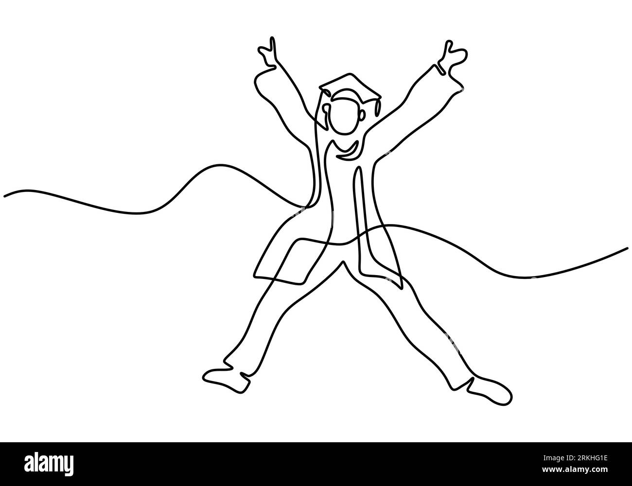 Durchgehende Linienzeichnung eines jungen glücklichen männlichen Schülers, der springt, um sein Abschlussergebnis zu feiern, Abschluss: Handgezeichnetes Kunst-Minimalismus-Design. Campus lif Stock Vektor