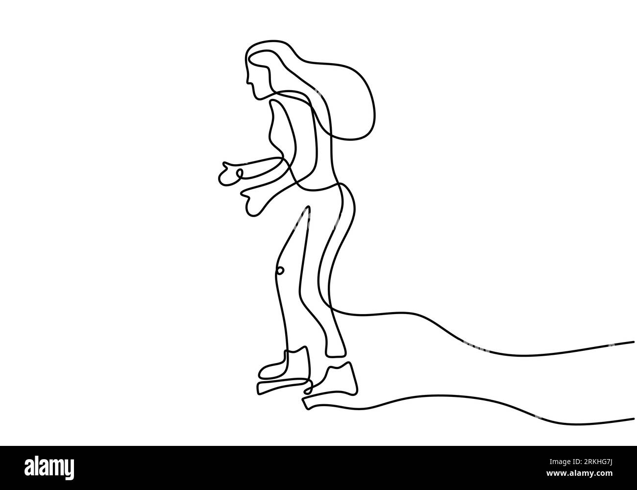 Durchgehende Linienzeichnung eines jungen Mädchens beim Eislaufen im Eisgebiet isoliert auf weißem Hintergrund. Figur Skating Girl Hand gezeichnet Lineart minimal Stock Vektor