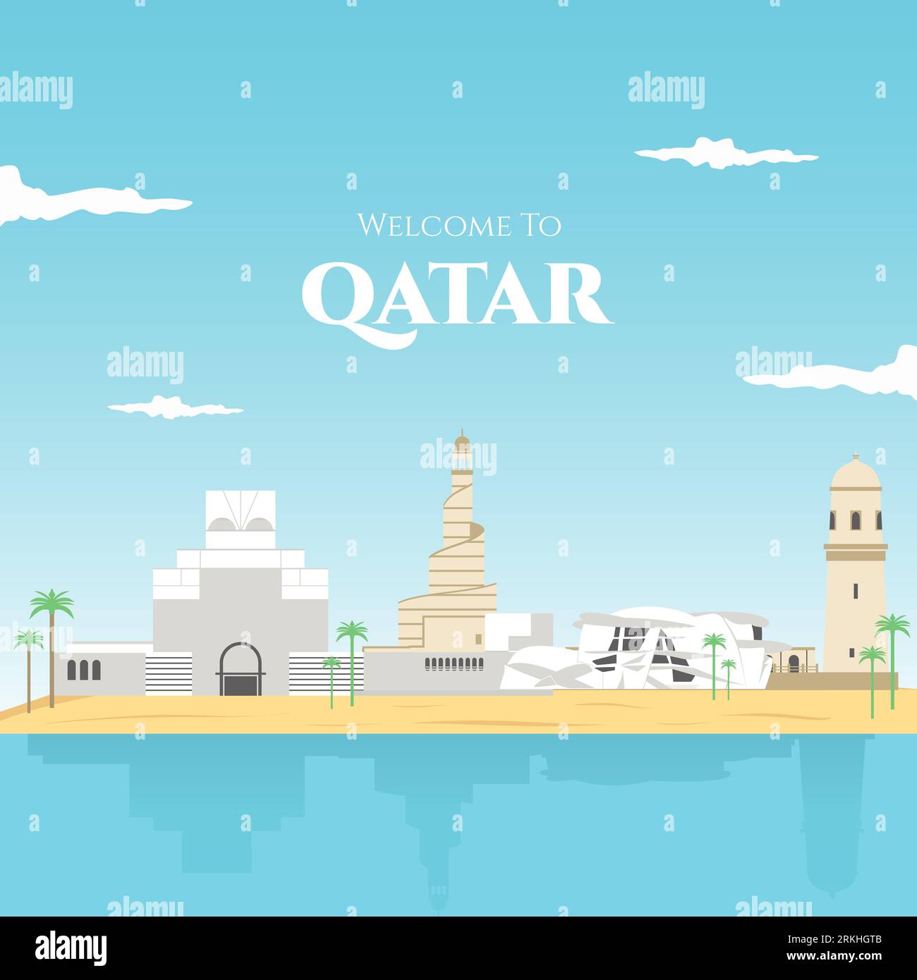 Katar Banner-Set mit nationalen Gebäuden touristische Attraktion der Landhäuser und konzeptionelle Landschaftsvektor-Illustration. Farbenfrohe Qatar-Famo Stock Vektor
