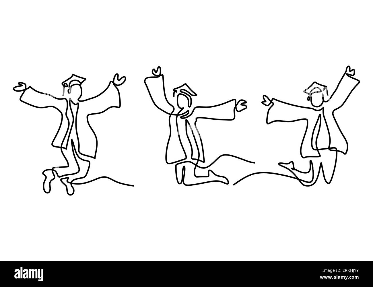 Eine durchgehende Liniengruppe junger Schüler springt freudig. Glückliche drei Teenager-Schüler drücken ihren Abschluss aus, während die Hände auf weißem Rücken isoliert sind Stock Vektor