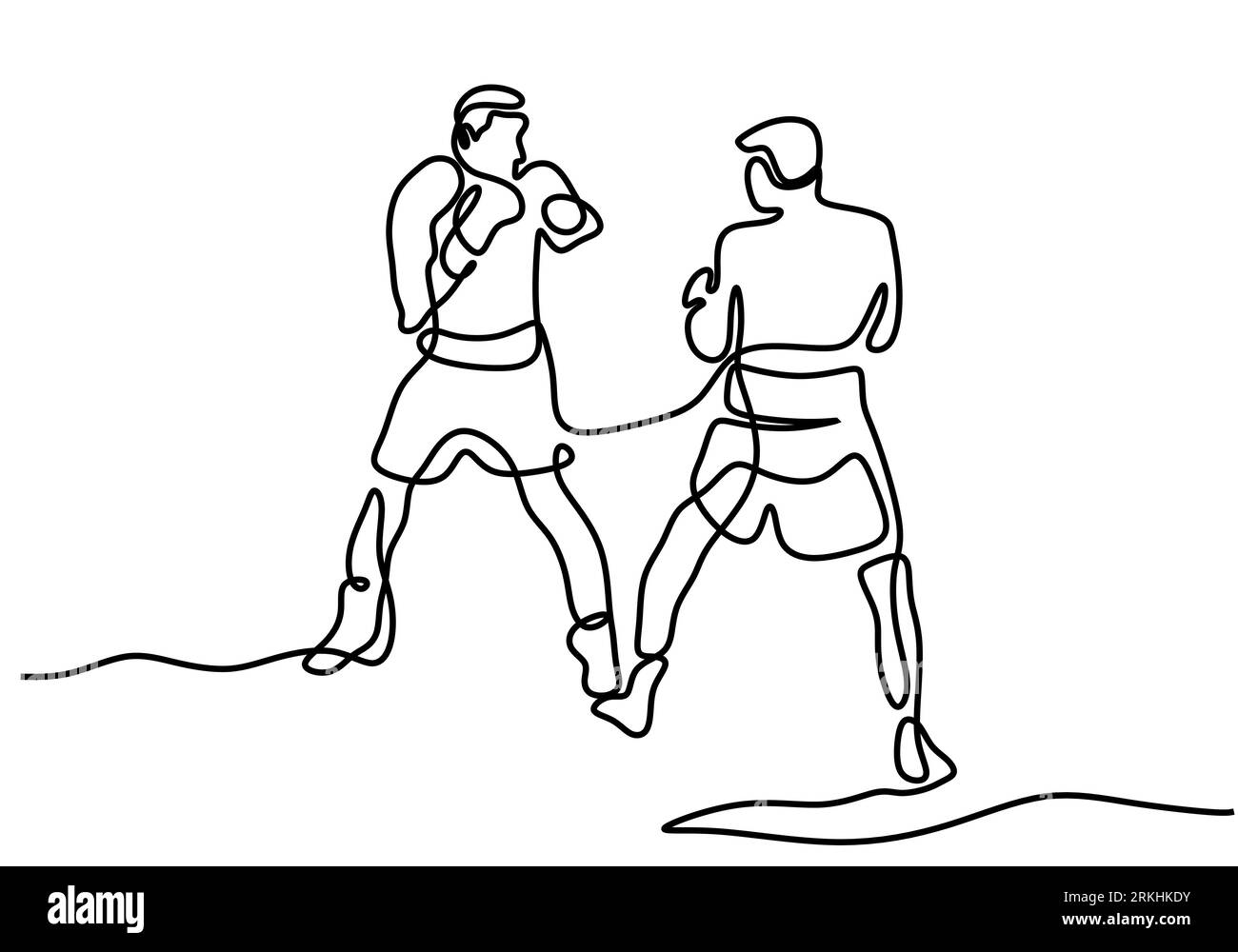 Durchgehende einzeilige Zeichnung zweier Boxer im Ringbereich. Zwei professionelle Boxer kämpfen sich in einem Turnier isoliert auf weißem Backgro Stock Vektor