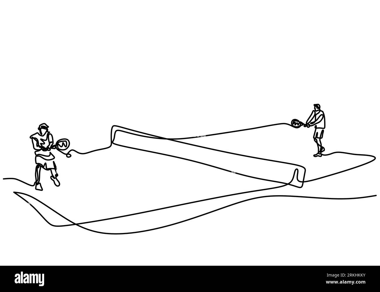 Durchgehende Linienzeichnung des jungen Happy-man-Tischtennisspielers traf den Ball. Zwei Athleten spielen Tischtennis isoliert auf weißem Hintergrund. Competitio Stock Vektor