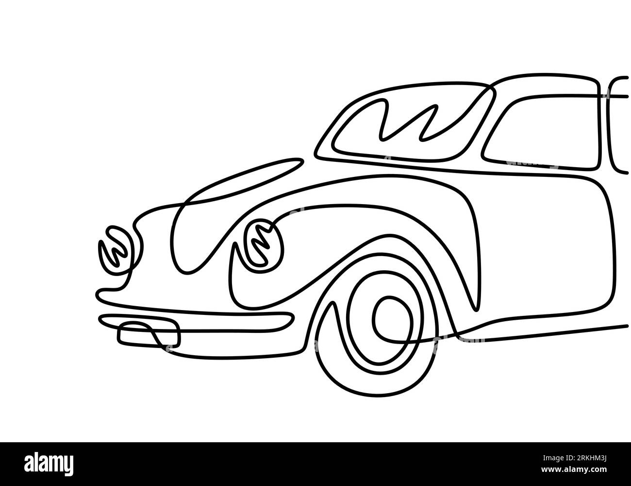 Retro-Auto durchgehende einzeilige Zeichnung isoliert auf weißem Hintergrund. Alter Oldtimer Volkswagen Beetle minimalistischer handgezeichneter linearer Entwurf. Vektorklas Stock Vektor