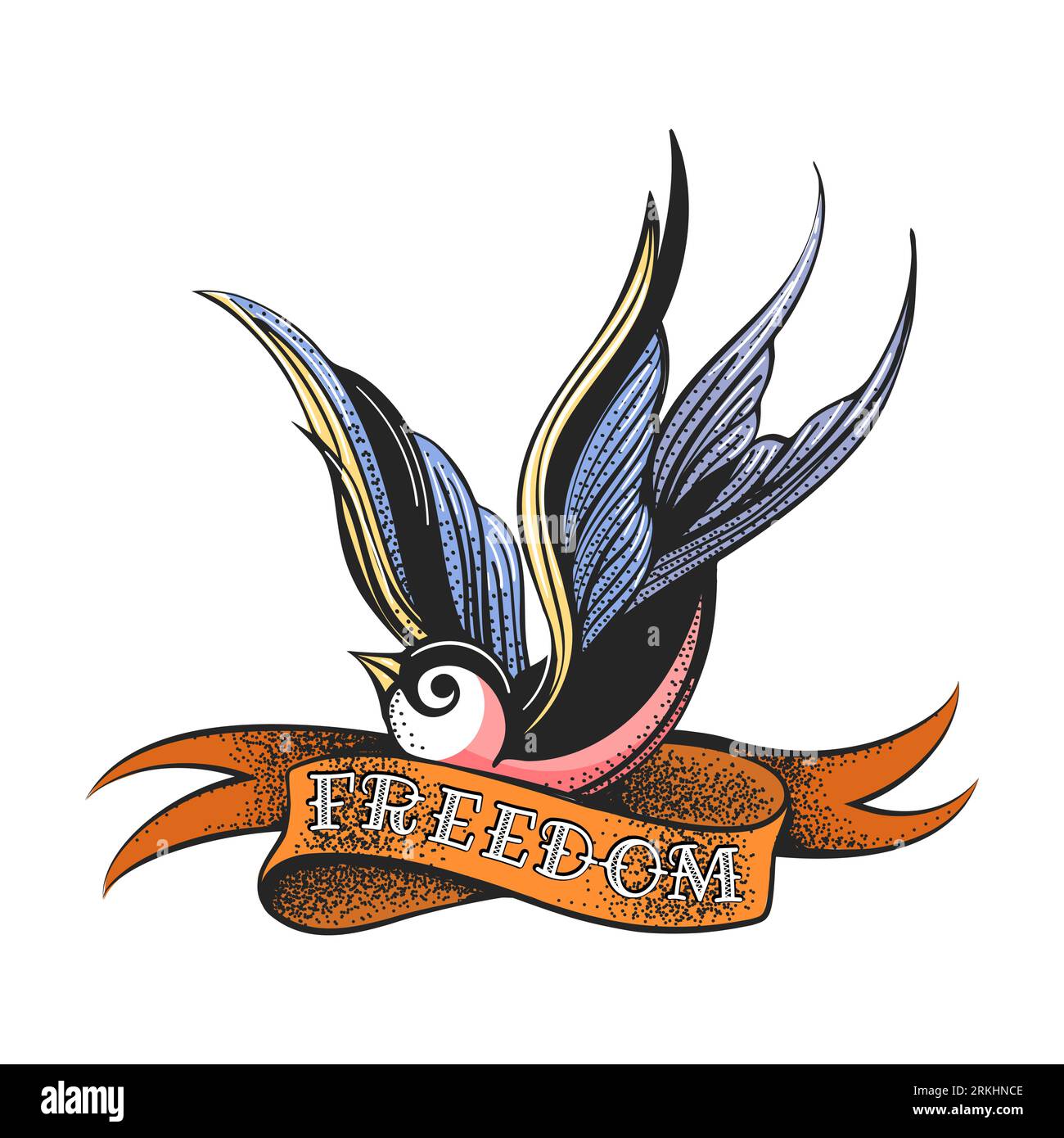 Farbige Tätowierung von Swallow Bird und Ribbon mit der Aufschrift Freedom Isolated auf weißem Hintergrund. Vektorillustration Stock Vektor