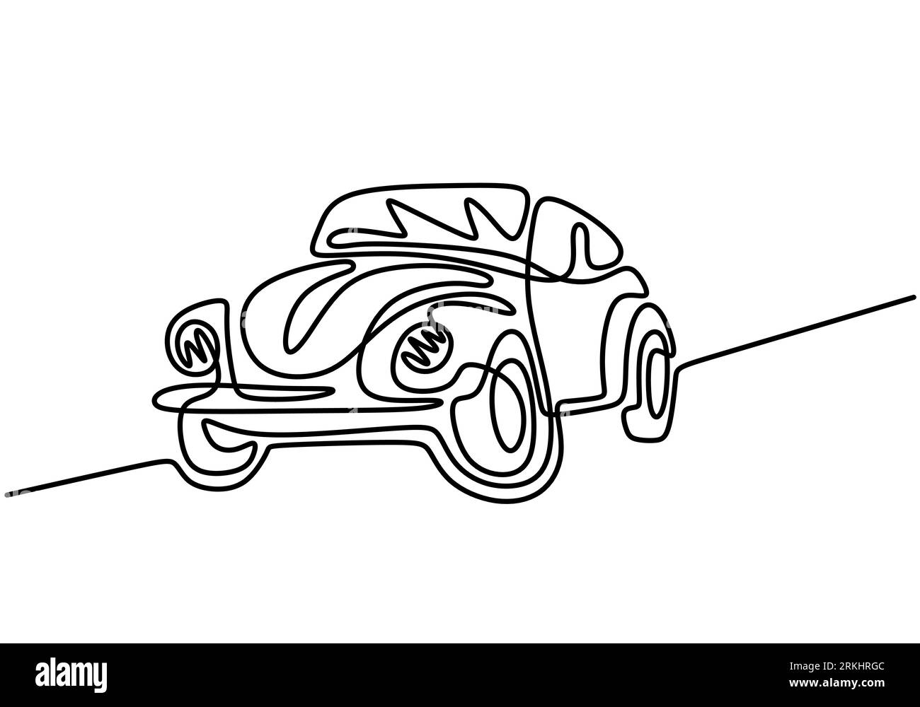 Retro-Auto durchgehende einzeilige Zeichnung isoliert auf weißem Hintergrund. Alter Oldtimer Volkswagen Beetle minimalistischer handgezeichneter linearer Entwurf. Vektorklas Stock Vektor