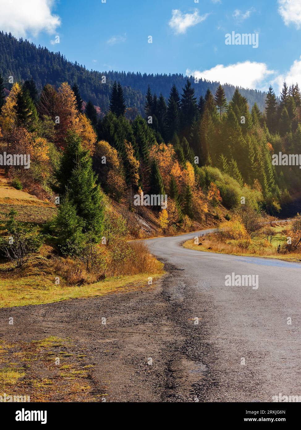 Asphaltstraße in den Bergen. Ausflug durch die Landschaft im Herbst. Wald im Herbstlaub am Hang. Sonniges Wetter Stockfoto