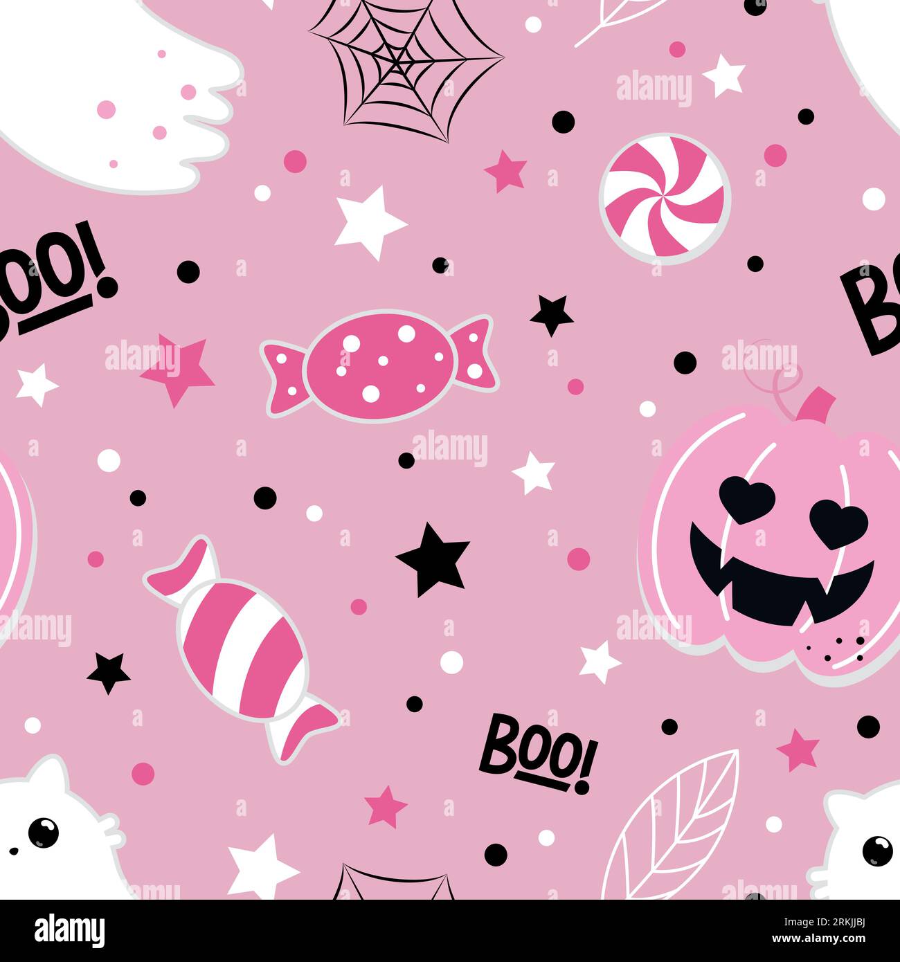 Halloween seamless pattern. Vector illustration of cute ghost cats, pumpkins and candies on a pink background. Vector cartoon seamless pattern. Stock Vektor