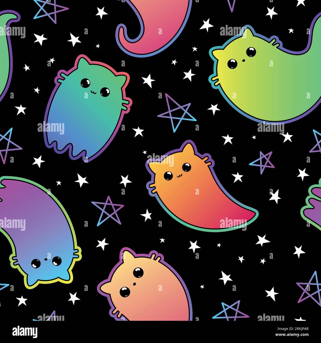 Nahtloses Halloween-Muster. Vektorillustration von niedlichen Geisterkatzen auf schwarzem Hintergrund. Nahtloses Muster für Vektorcartoons. Stock Vektor